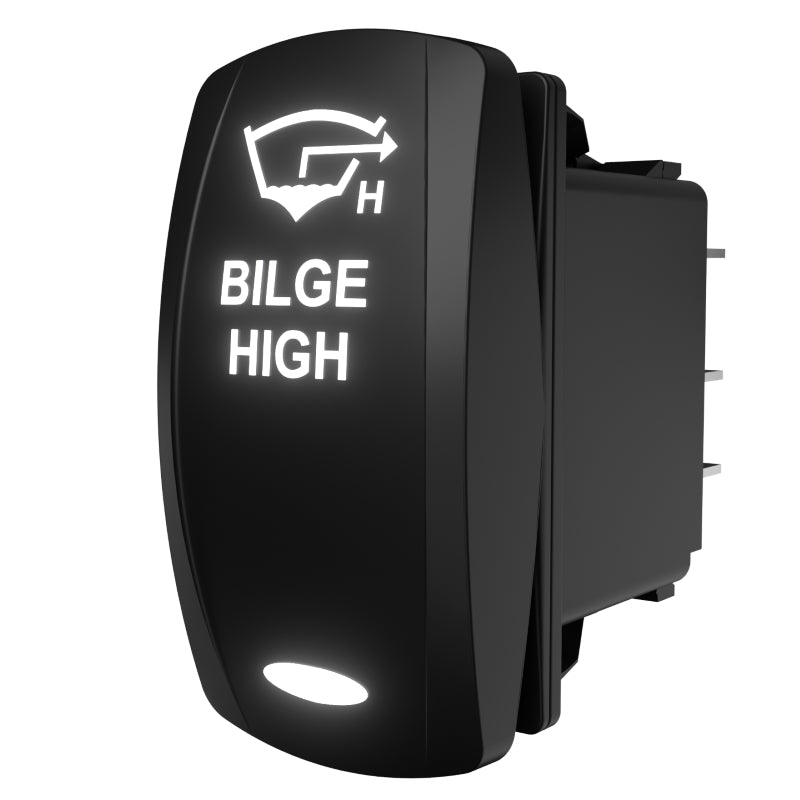 Bilge high illuminated rocker switch, angled side/rear view showing spade terminals and mounting clip