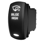 Bilge high illuminated rocker switch, angled side/rear view showing spade terminals and mounting clip