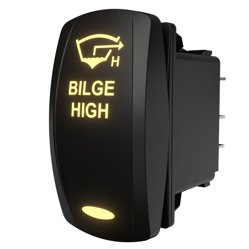 Rear-side view of BILGE HIGH rocker switch with illuminated legend and exposed connector pins