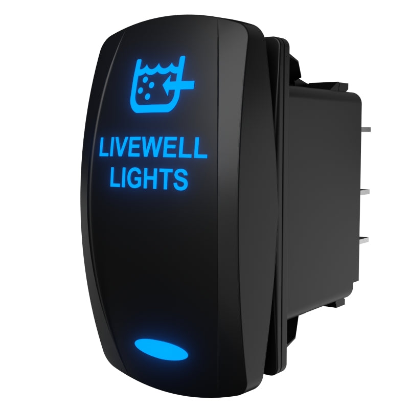 Angled side view of illuminated Livewell Lights rocker switch with blue backlit legend and connector terminals.
