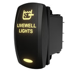 Angled front-right view of illuminated livewell lights rocker switch showing rear connector pins.