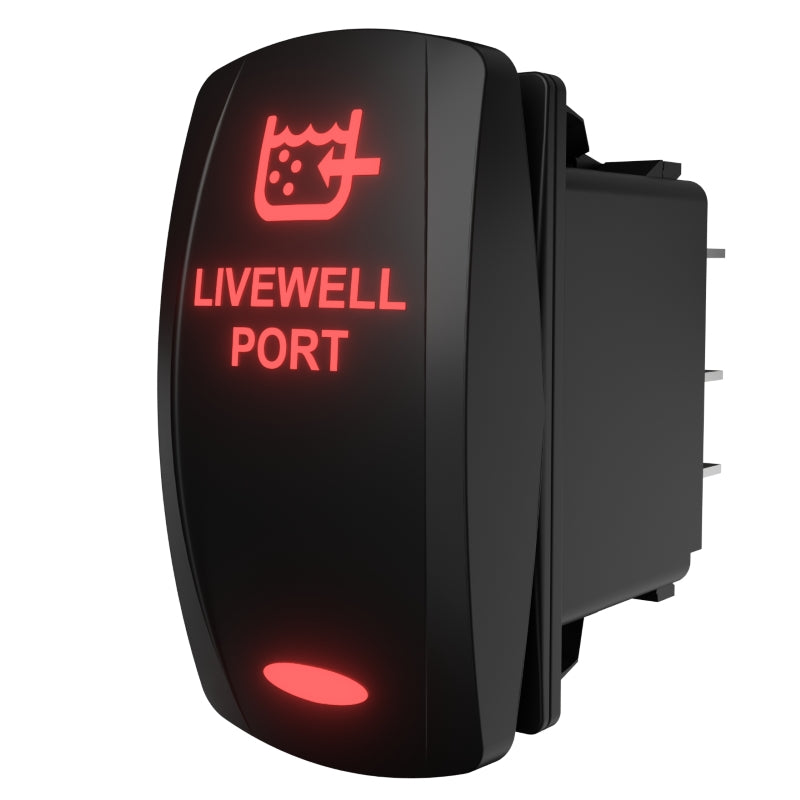 LIVEWELL PORT rocker switch, angled side/rear view showing red backlit legend and rear spade terminals
