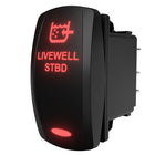 Carling Technologies LIVEWELL STBD illuminated rocker switch, front face lit red and right-side showing rear terminal pins