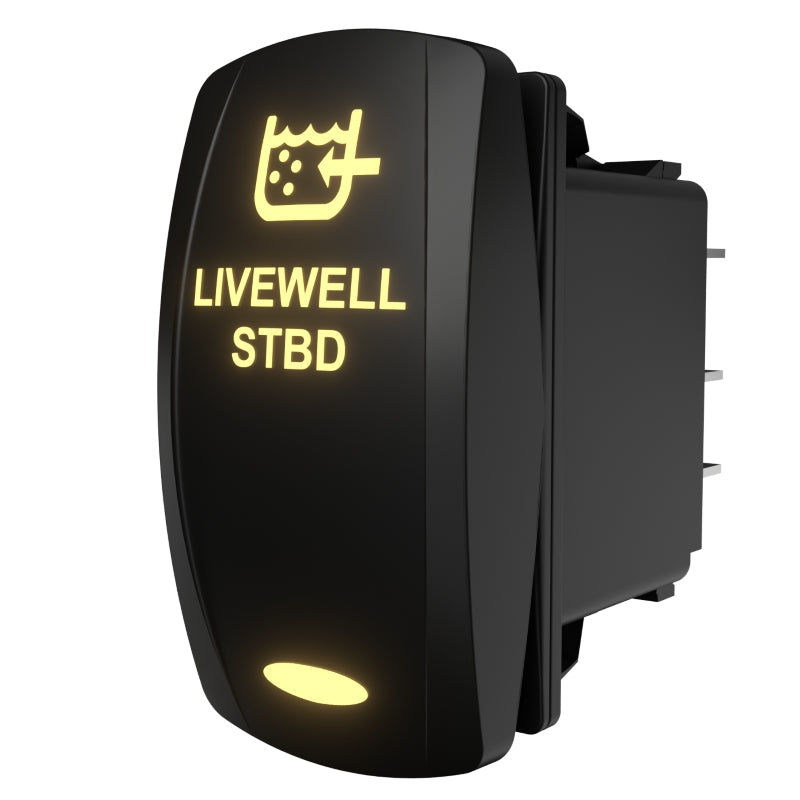 LIVEWELL STBD rocker switch, angled front view with illuminated icon and exposed rear connector pins