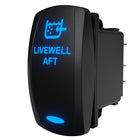Angled rear-side view of LIVEWELL AFT illuminated rocker switch showing blue legend, icon and rear connector pins.
