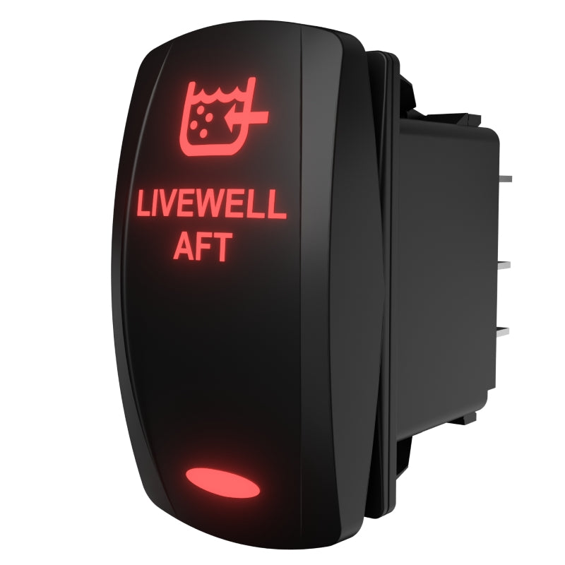 LIVEWELL AFT illuminated rocker switch, three-quarter rear-side view showing red legend and rear terminals.