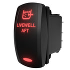 LIVEWELL AFT illuminated rocker switch, three-quarter rear-side view showing red legend and rear terminals.