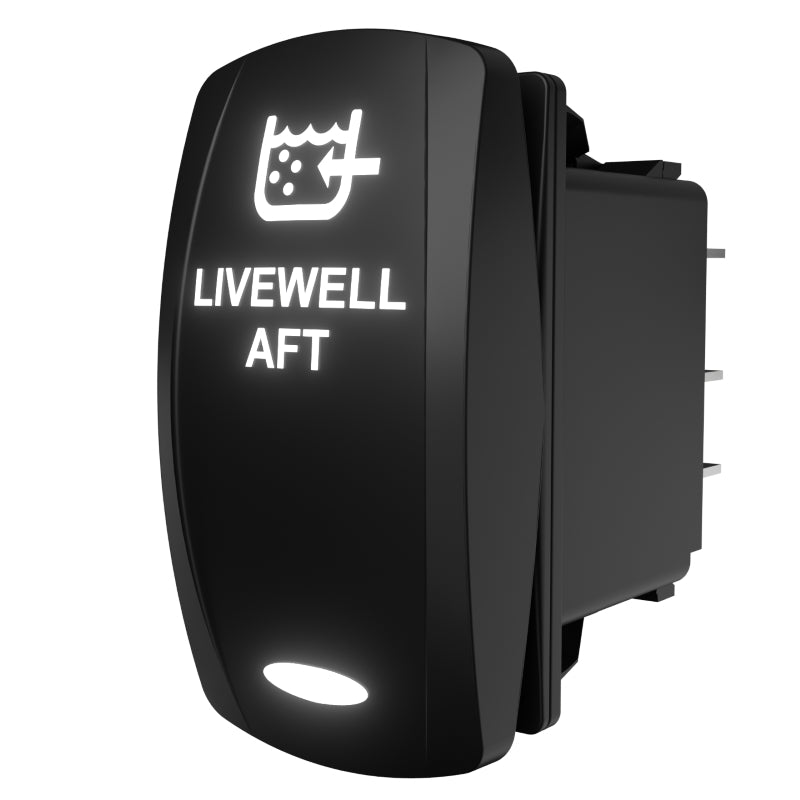 LIVEWELL AFT illuminated rocker switch showing side angle and three rear spade terminals