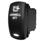 LIVEWELL AFT illuminated rocker switch showing side angle and three rear spade terminals