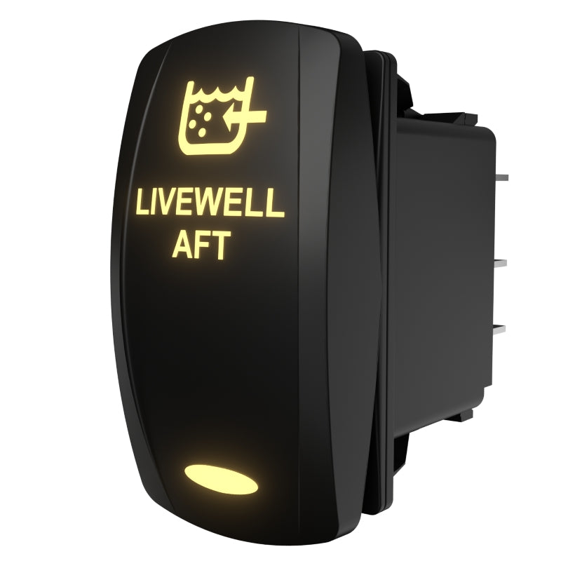 Rear-side angled view of LIVEWELL AFT illuminated rocker switch showing legend and rear terminal pins.