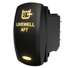 Rear-side angled view of LIVEWELL AFT illuminated rocker switch showing legend and rear terminal pins.