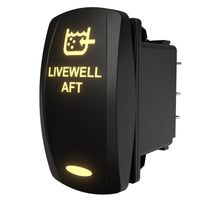 Rear-side angled view of LIVEWELL AFT illuminated rocker switch showing legend and rear terminal pins.