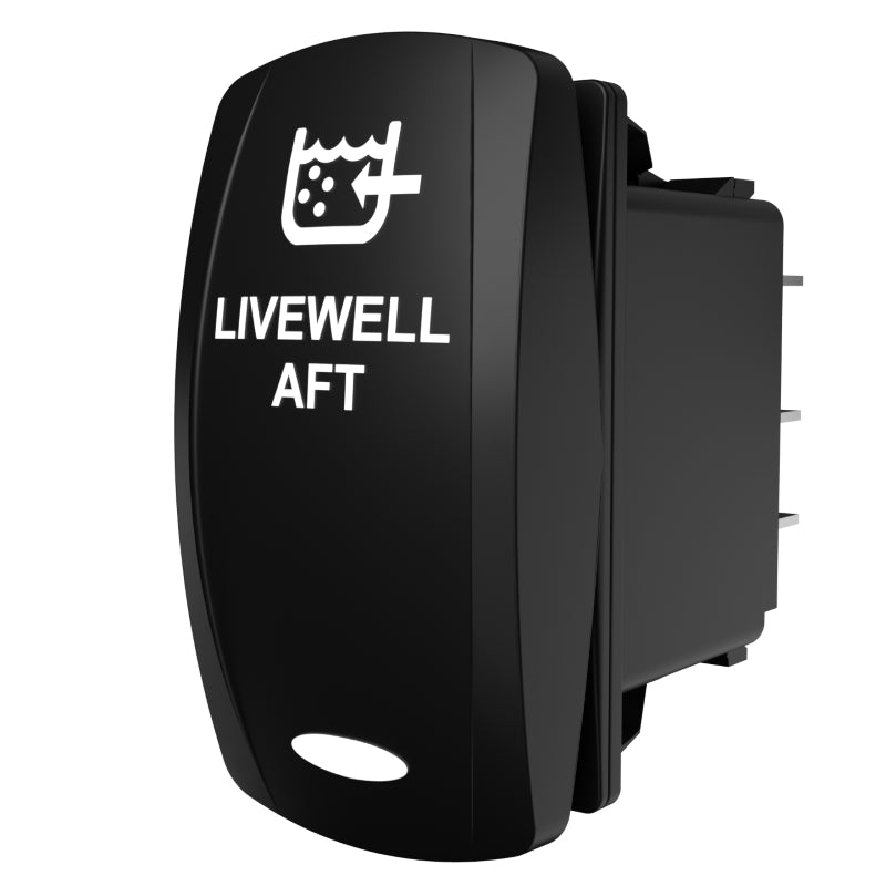 Carling Technologies black rocker switch labeled LIVEWELL AFT with water tank icon