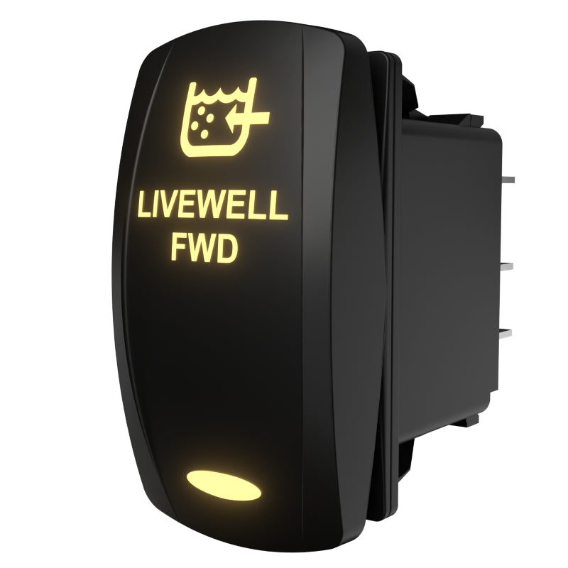 Angled rear-side view of illuminated LIVEWELL FWD marine rocker switch showing spade connectors