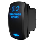 Angled side/rear view of Carling Technologies illuminated rocker switch showing blue legend and rear terminals