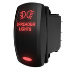 Carling spreader lights rocker switch, lit red legend, angled rear view showing spade terminals