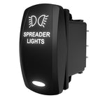 Backlit rocker switch labeled 'SPREADER LIGHTS' angled to show rear connector pins and side.