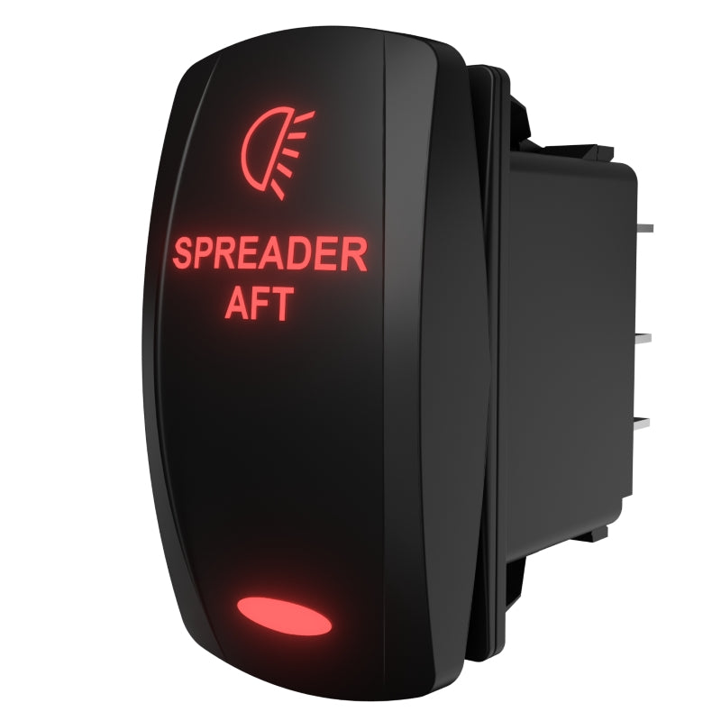 SPREADER AFT rocker switch, angled rear‑side view showing illuminated red legend and exposed rear connector pins