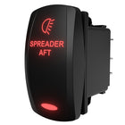 SPREADER AFT rocker switch, angled rear‑side view showing illuminated red legend and exposed rear connector pins