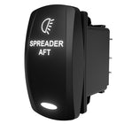 Angled rear-side view of SPREADER AFT rocker switch showing back terminals and illuminated legend
