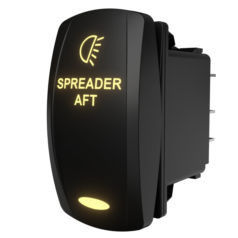 Illuminated SPREADER AFT marine rocker switch shown at side/rear, displaying label and exposed connector pins.