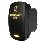Illuminated SPREADER AFT marine rocker switch shown at side/rear, displaying label and exposed connector pins.