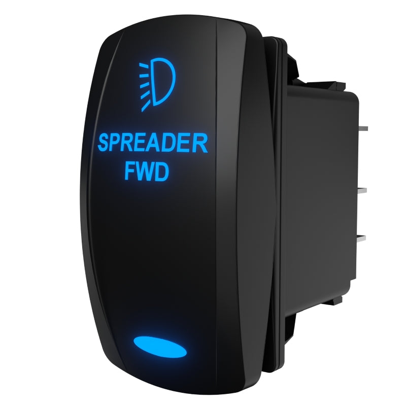 Blue backlit SPREADER FWD rocker switch shown at right-side angle with rear connector pins visible