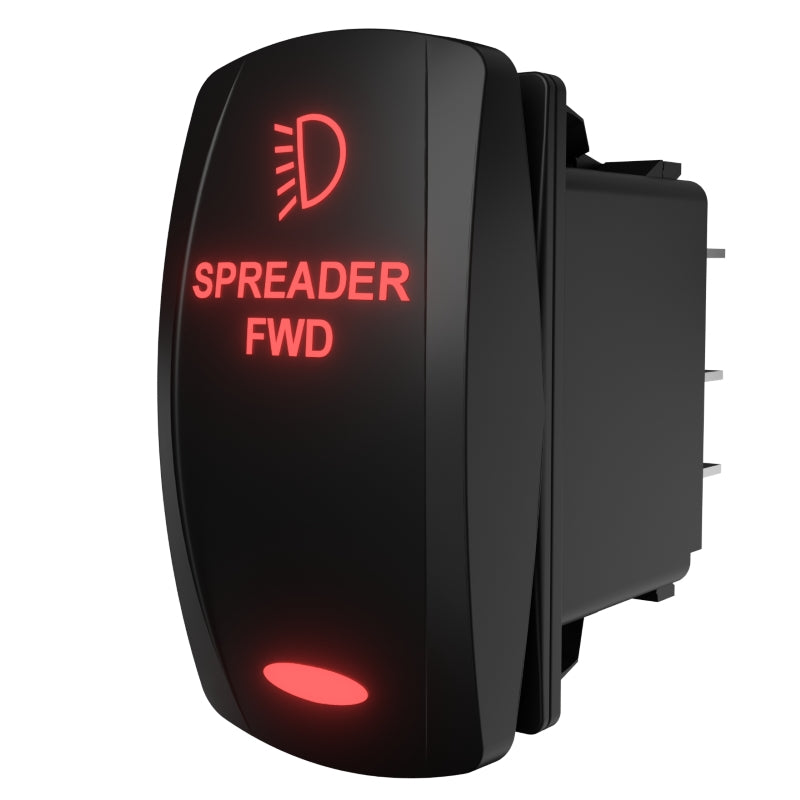 Side/rear angled view of rocker switch labeled 'SPREADER FWD', lit red and showing rear connector pins.
