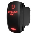 Side/rear angled view of rocker switch labeled 'SPREADER FWD', lit red and showing rear connector pins.
