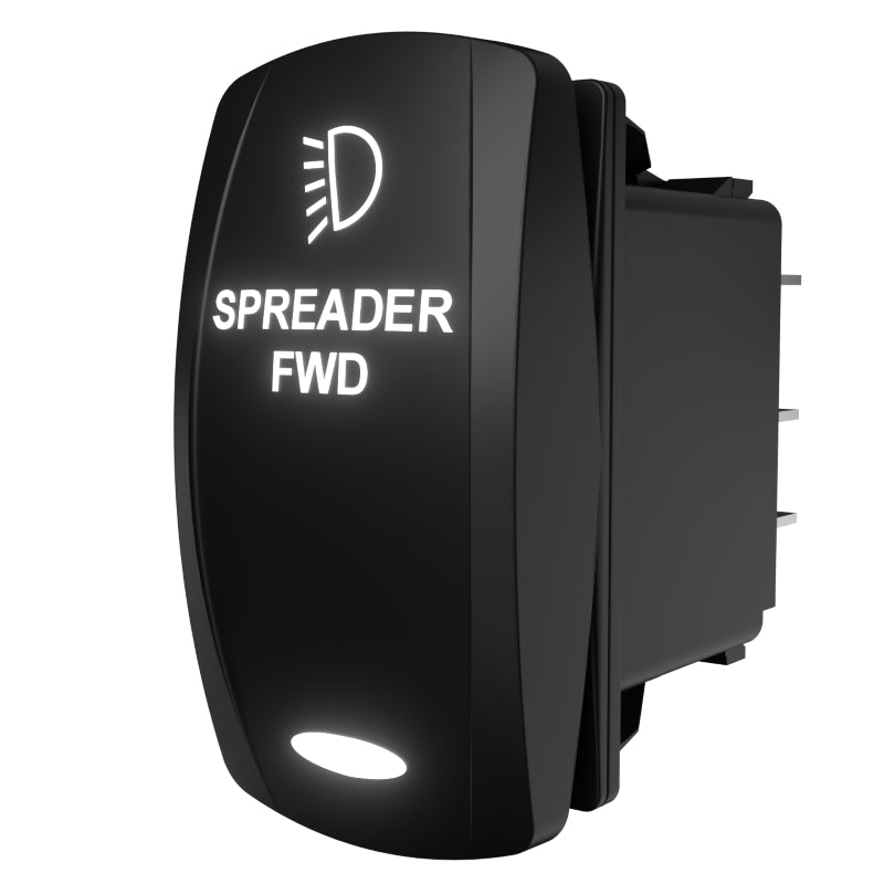 Illuminated SPREADER FWD rocker switch, angled rear-side view showing lit legend and three spade terminals.