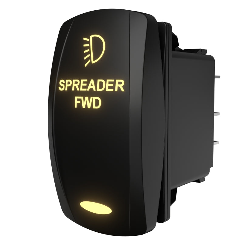 Carling SPREADER FWD rocker switch, angled rear-side view showing connector pins and illuminated legend.