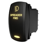 Carling SPREADER FWD rocker switch, angled rear-side view showing connector pins and illuminated legend.
