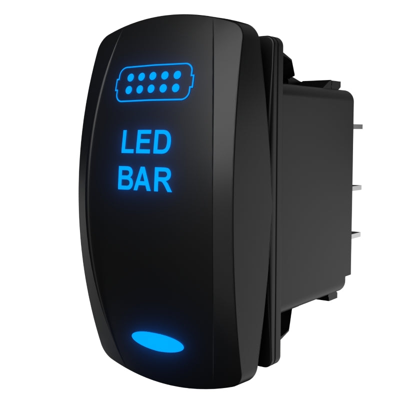 Carling Technologies LED BAR illuminated rocker switch, side/rear view showing terminals and mounting clip