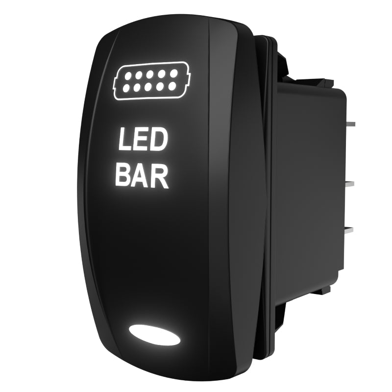 Right-side angled view of the illuminated rocker switch for an LED bar, showing spade terminals.
