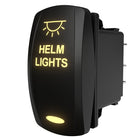 Illuminated rocker switch labeled HELM LIGHTS, rear view showing spade terminals and mounting clip.