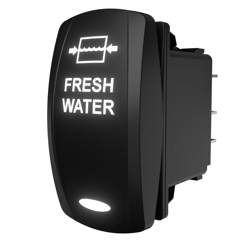 Carling Technologies illuminated "FRESH WATER" rocker switch, angled rear/side view showing spade terminals