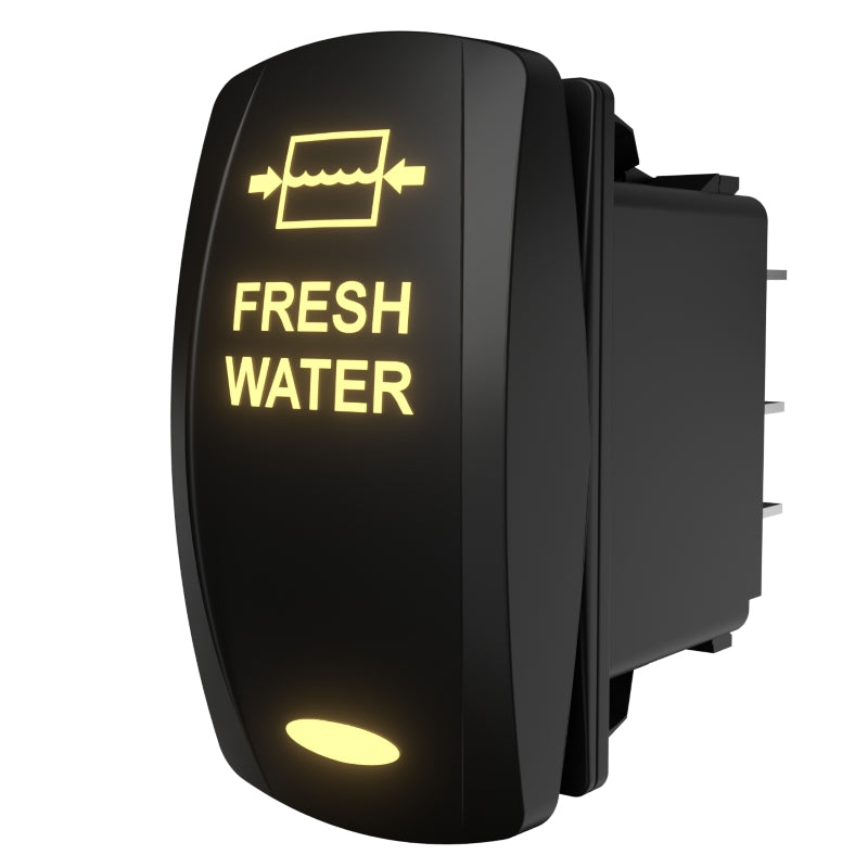 Carling illuminated FRESH WATER rocker switch, angled side-rear view showing exposed terminals