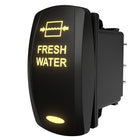 Carling illuminated FRESH WATER rocker switch, angled side-rear view showing exposed terminals