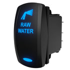Carling Raw Water rocker switch, angled side/rear view showing illuminated legend and spade terminals