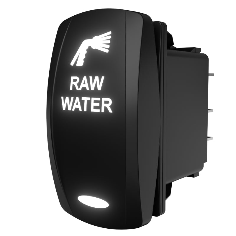 Carling illuminated RAW WATER rocker switch, angled rear view showing spade terminals and lit spray icon