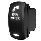 Carling illuminated RAW WATER rocker switch, angled rear view showing spade terminals and lit spray icon