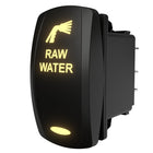 Angled side/rear view of illuminated RAW WATER rocker switch showing back housing and spade terminals