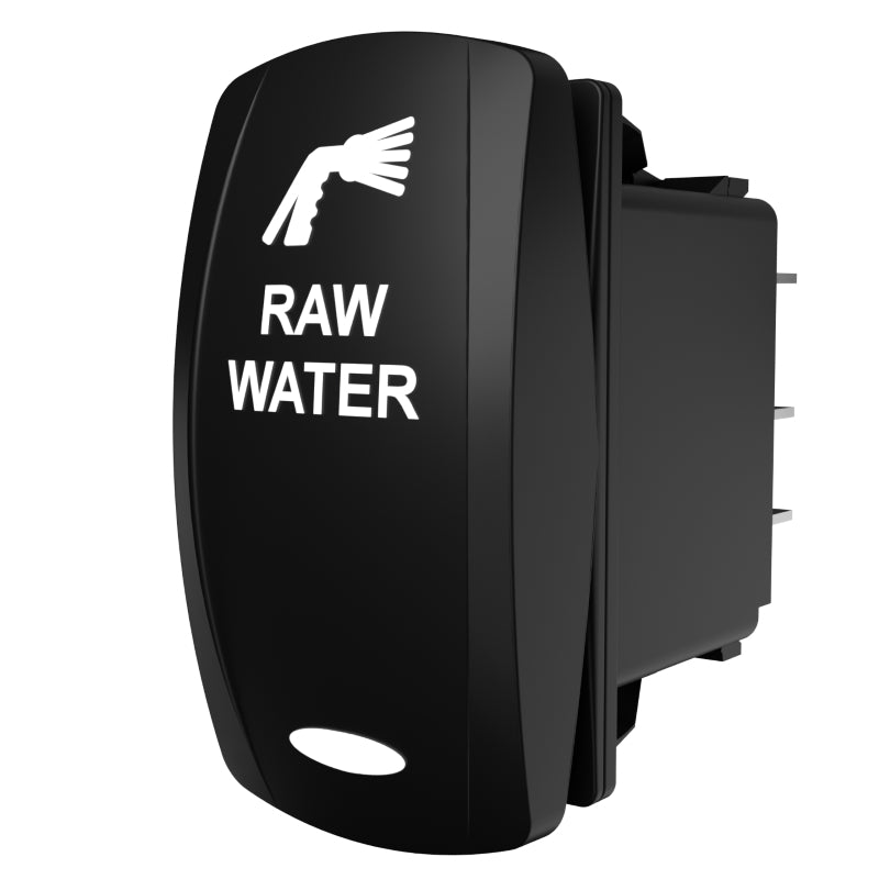 Carling Technologies black rocker switch labeled RAW WATER with water spray icon