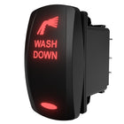 WASH DOWN illuminated rocker switch, angled side-rear view showing red backlit legend and rear terminals