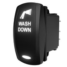 Angled side/rear view of WASH DOWN switch showing illuminated rocker, rear connector pins and mounting depth.