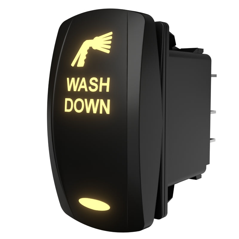 Side/rear view of illuminated "WASH DOWN" rocker switch showing three spade terminals and mounting clip.
