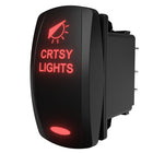 Angled rear-side view of illuminated rocker switch showing red 'CRTSY LIGHTS' legend and rear spade terminals.