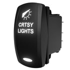 Angled rear-side view of backlit courtesy light rocker switch with illuminated legend and terminals