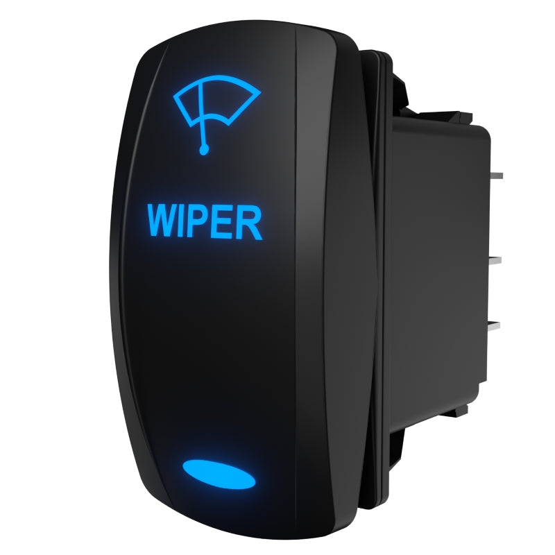 Angled front view of marine wiper rocker switch showing blue backlit icon and rear connector pins.