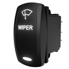 Angled rear-side view of illuminated black WIPER rocker switch with visible terminal blades